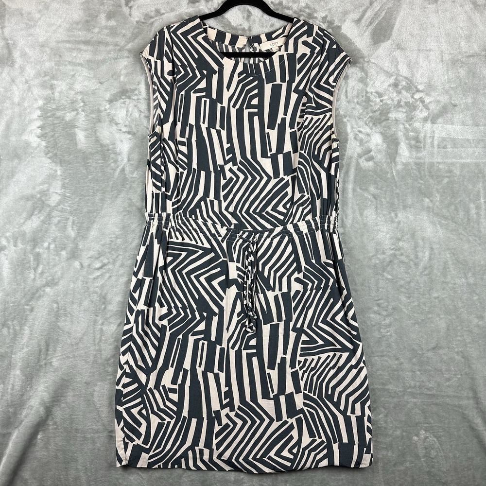Ann Taylor Loft Dress Women's L Gray Geometric Print Lined Drawstring Waist